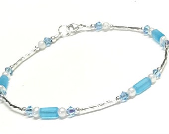 Sea Glass Inspired Anklet - Aqua Anklet- Sterling Silver - Anklet for Women - 9 - 10 -11 - 12 Inch - Small Size to Plus Size - Beachy Anklet