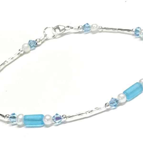 Sea Glass Inspired Anklet - Aqua Anklet- Sterling Silver - Anklet for Women - 9 - 10 -11 - 12 Inch - Small Size to Plus Size - Beachy Anklet