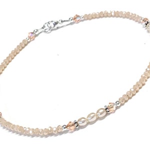 Pearl Beaded Ankle Bracelet - Peach Crystal Anklet -  Sterling Silver - 9 to 12 Inch Available - Anklet for Women - Pearl Anklet