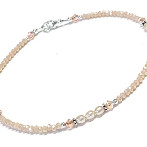 Bracelet de cheville perlé et perlé - Chaîne de cheville en cristal pêche - Argent sterling - Disponible de 9 à 12 pouces - Bracelet de cheville pour femme - Bracelet de cheville en perles