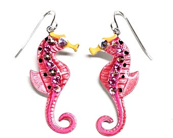 Seahorse Earrings - Seahorse Jewelry - Fun Beach Jewelry - Hand Painted in Coral and Pink - Coastal Earrings for Women -  Gift for Her