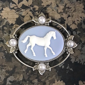 Horse Brooch - Blue and White - Horse Jewelry for Woman - Large Cameo - Statement Brooch - Equestrian Gift - Gift for Her - Horse Lover Gift