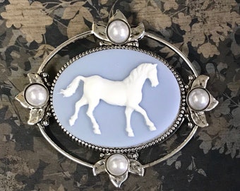 Horse Brooch - Blue and WhIte - Horse Jewelry for Woman - Large Cameo - Statement Brooch - Equestrian Gift - Gift for Her - Horse Lover Gift