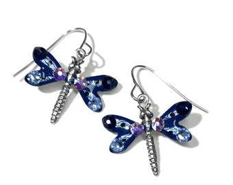 Dragonfly Earrings -  Hand Painted - Dragonfly Jewelry - Dragonfly Gift - Earrings for Woman - Gift for Mom - Sterling Silver Ear Wires