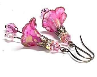 Pink Flower Earrings - Hand Painted - Antiqued Brass - Earrings For Spring - Earrings for Women - Long Dangle Earrings - Floral Jewelry