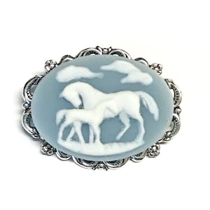Arabian Horse Brooch - Horse Pin - Horse Jewelry - Horse Cameo Brooch- Blue and White