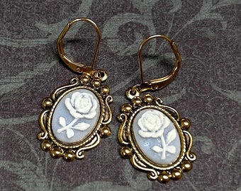 Cameo Earrings - Muted Blue and White  - Lever Backs - Earrings for Women  - Cameo Jewelry - Blue Cameo Earrings - Rose Earrings