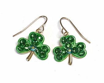 Shamrock Earrings: Hand-Painted Clover Leaf with Austrian Crystals