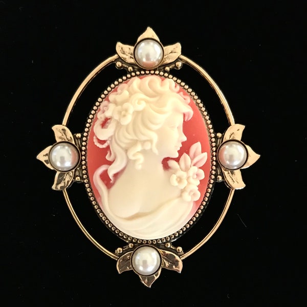 Cameo Brooch - Victorian Lady Profile - Pearl Accents - Brooch for Women - Gift for Her - Vintage Inspired - Cameo Pin - Cameo Jewelry
