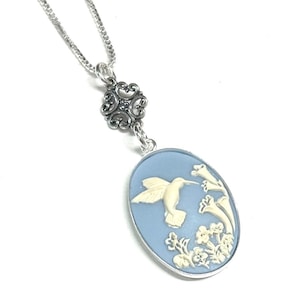 Blue Hummingbird Cameo Necklace - 925 Sterling Bezel Setting - Something Blue - Necklace for Women - Sterling Silver Chain - Gift for Her