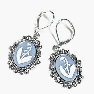 Blue Lily of the Valley Cameo Earrings - Silver Lever Backs