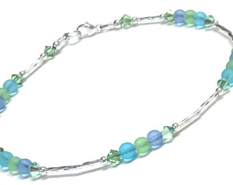 Sea Glass Inspired Anklet - Multi Color Anklet - Ankle Bracelet for Women - Sterling Silver - 9 - 10 - 11 - 12 Inch Anklet - Beachy Anklet