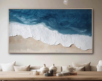 Blue Abstract Ocean Wave Painting Beige Beach Texture Painting White Wave Painting on Canvas Modern Wall Art Minimalist Living Room Decor