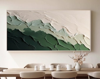 Beige Green 3D Abstract Beach Painting Green Textured Wall Art Ocean Wave Painting on Canvas Wabi-Sabi Wall Art Minimalist Living Room Decor
