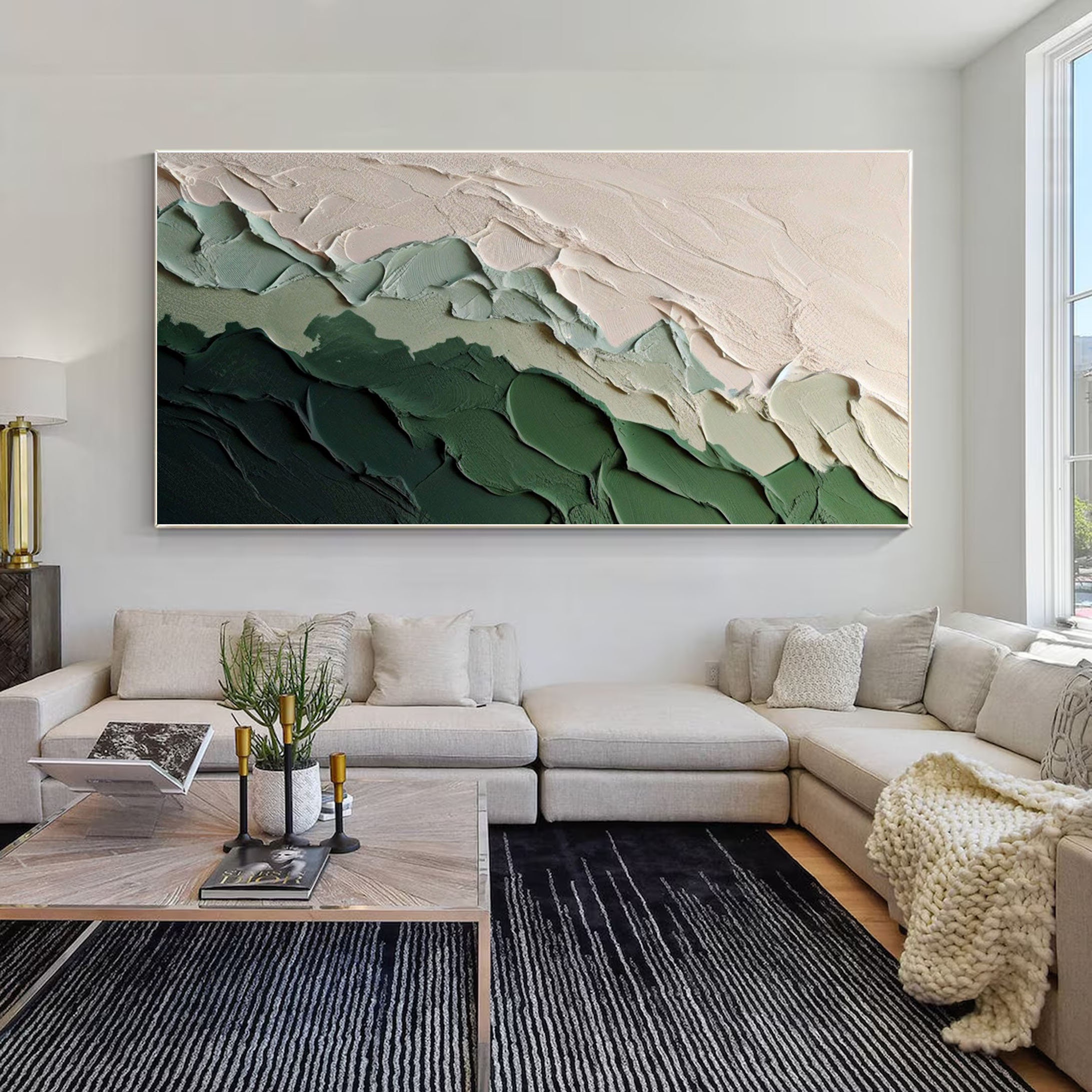 Beige Green 3D Abstract Beach Painting Green Textured Wall Art Ocean