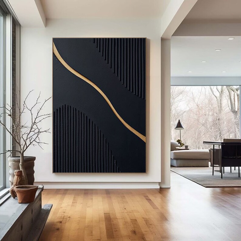 Modern Minimalist Abstract Black Wall Art Black 3D Texture Painting on ...