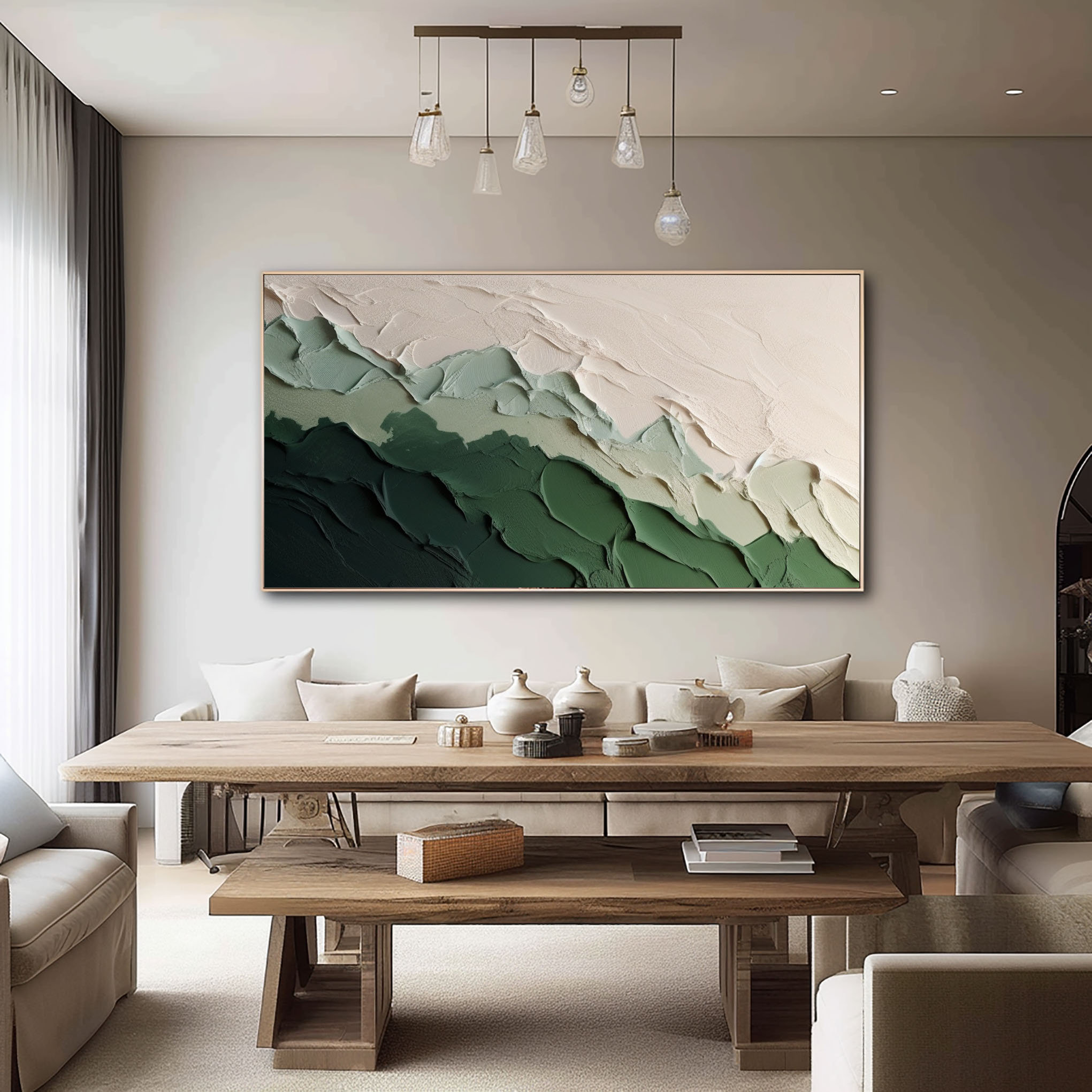 Beige Green 3D Abstract Beach Painting Green Textured Wall Art Ocean