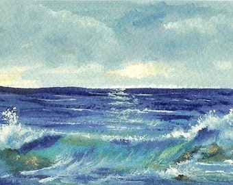 May include: A watercolor painting depicting a turbulent ocean scene with deep blue waves crashing against rocks. The foreground features white sea foam and turquoise water, while the horizon line meets a cloudy, light blue and grey sky.