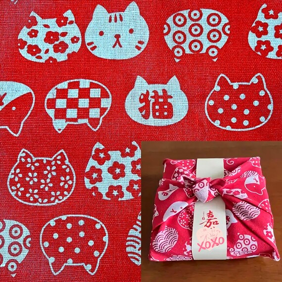 Japanese Furoshiki Eco Friendly Kitty Gift Wrapping Cloth, Cut Cats Flowers in Red & White, Cotton Reusable Gift Wrap, Cat Lovers Gift Wrap