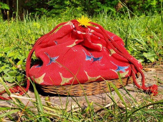 Japanese Cloth Drawstring Bag Vtg Fabric Pouch Flower Kinchaku
