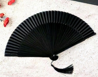 Black Bamboo Folding Fan, Goth Silk Hand Fan, Japanese Sensu Fan, Kimono Accessory, Mourning Accessories, Asian Decor