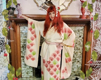 Gorgeous Shibori Furisode, Japanese Womens Floral Silk Kimono, Cream White w/ Pink Green Flowers, Bridal Wedding Kimono