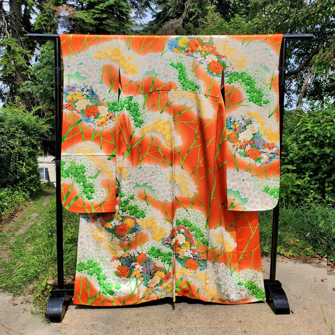 Colorful Furisode Kimono Vintage Japanese Silk Kimono With Flowers