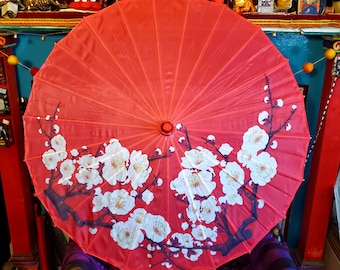 Pretty Red Silk Asian Parasol, Japanese Wagasa Umbrella with White Ume Plum Blossoms on Red, Sun Umbrella, Wedding Parasol, Kimono Accessory