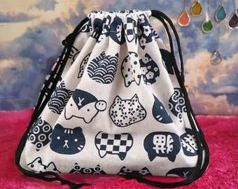 Japanese Kitty Bento Bag, Blue White Drawstring Pouch, Cat Lover Gift
