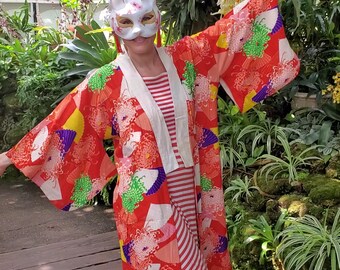 Gorgeous Vintage Japanese Silk Kimono, Womens Juban, Hand Fans & Flowers Design, Red Pink Green Purple, Silk Dressing Gown, Japan Fashion