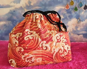 Japanese Bento Bag, Red Kanagawa Waves Cotton, Reusable Drawstring Lunch Bag