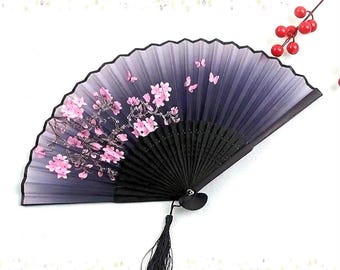 Black & Pink Folding Fan with Sakura Flowers and Butterflies, Japanese Sensu, Goth Handfan, Bamboo Hand Fan, Kimono Accessory