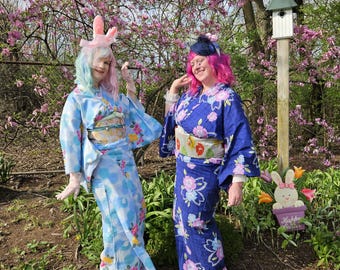 Japanese Cotton Yukata, Pink & Blue Sakura Floral Print, Indigo