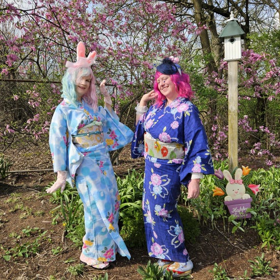 Japanese Cotton Yukata, Pink & Blue Sakura Floral Print, Indigo
