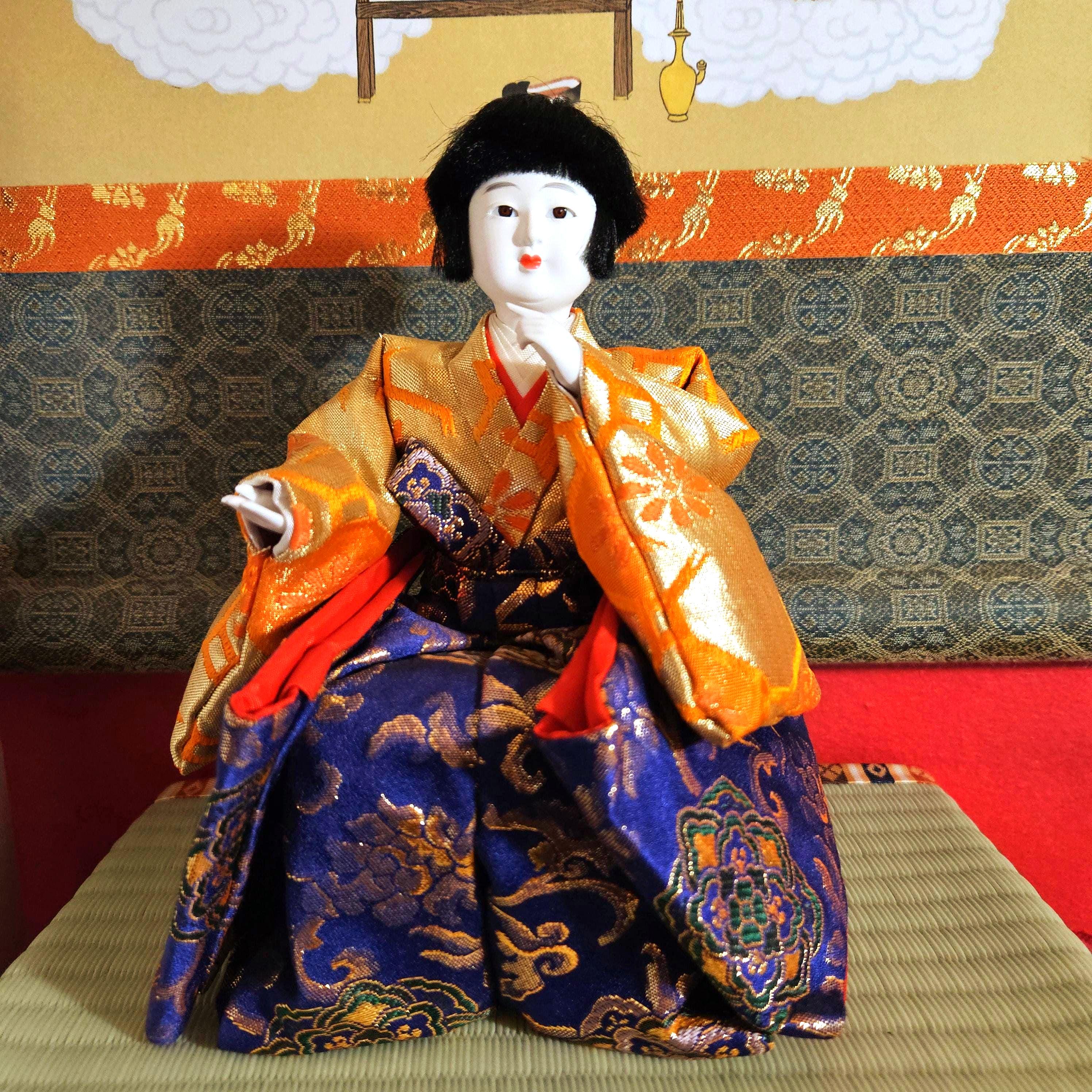 Beautiful Vintage Japanese Hina Doll With Silk Brocade Kimono, Boy