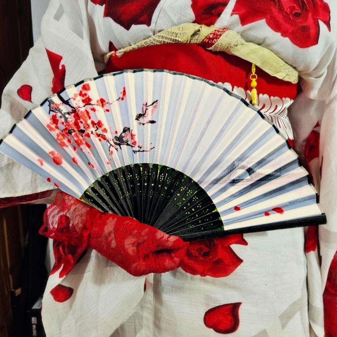 Asian Folding Fan Black Bamboo & White Silk W/ Red Sakura Blossoms
