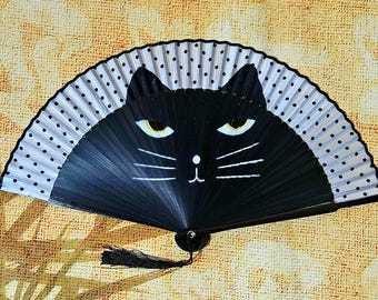 Black Kitty Folding Fan with Silk Tassel, Goth Cat Hand Fan, Kimono Accessory