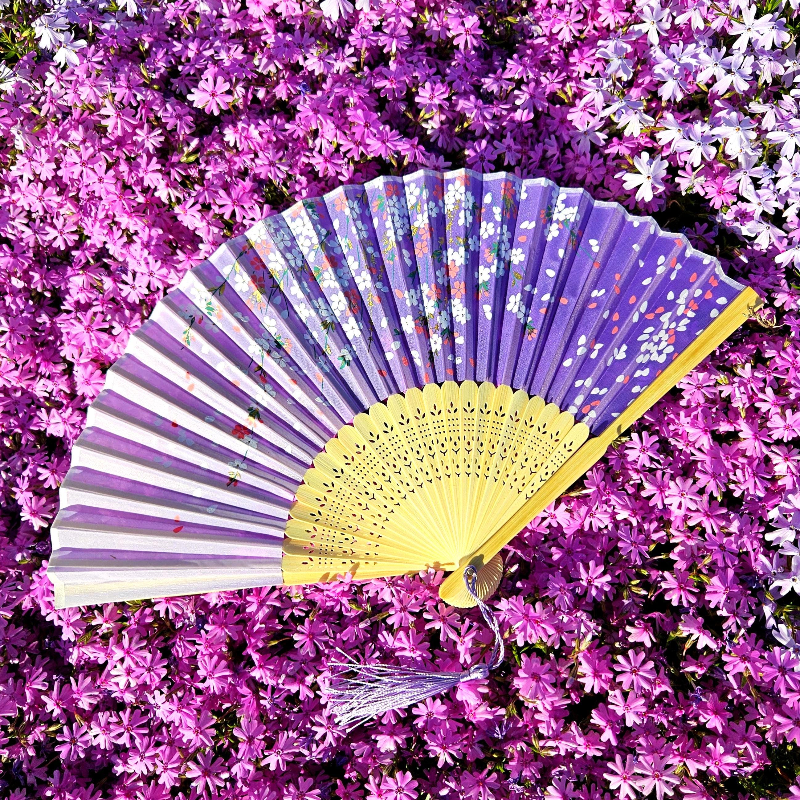 Pretty Purple Ombre Folding Fan With Colorful Pink Sakura