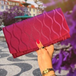 Minimalist Wine Red Silk Clutch Handbag, Elegant Burgundy Tatewaku Hourglass Design, Japanese Kimono Accessory Bag, Phone Bag, Gift for Her