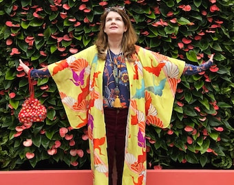 Gorgeous Mid Century Kimono- Rare Colorful 1960s Silk Japanese Cranes, Lime Red Purple Blue, Girls Womens Silk Kimono Robe, Vintage Duster