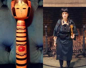 Kokeshi Doll – Rare Vintage Tsuchiyu Style with Stripes & Camellia Flower, Goth Wednesday Addams Doll look, Signed By Artist, Artisan Doll