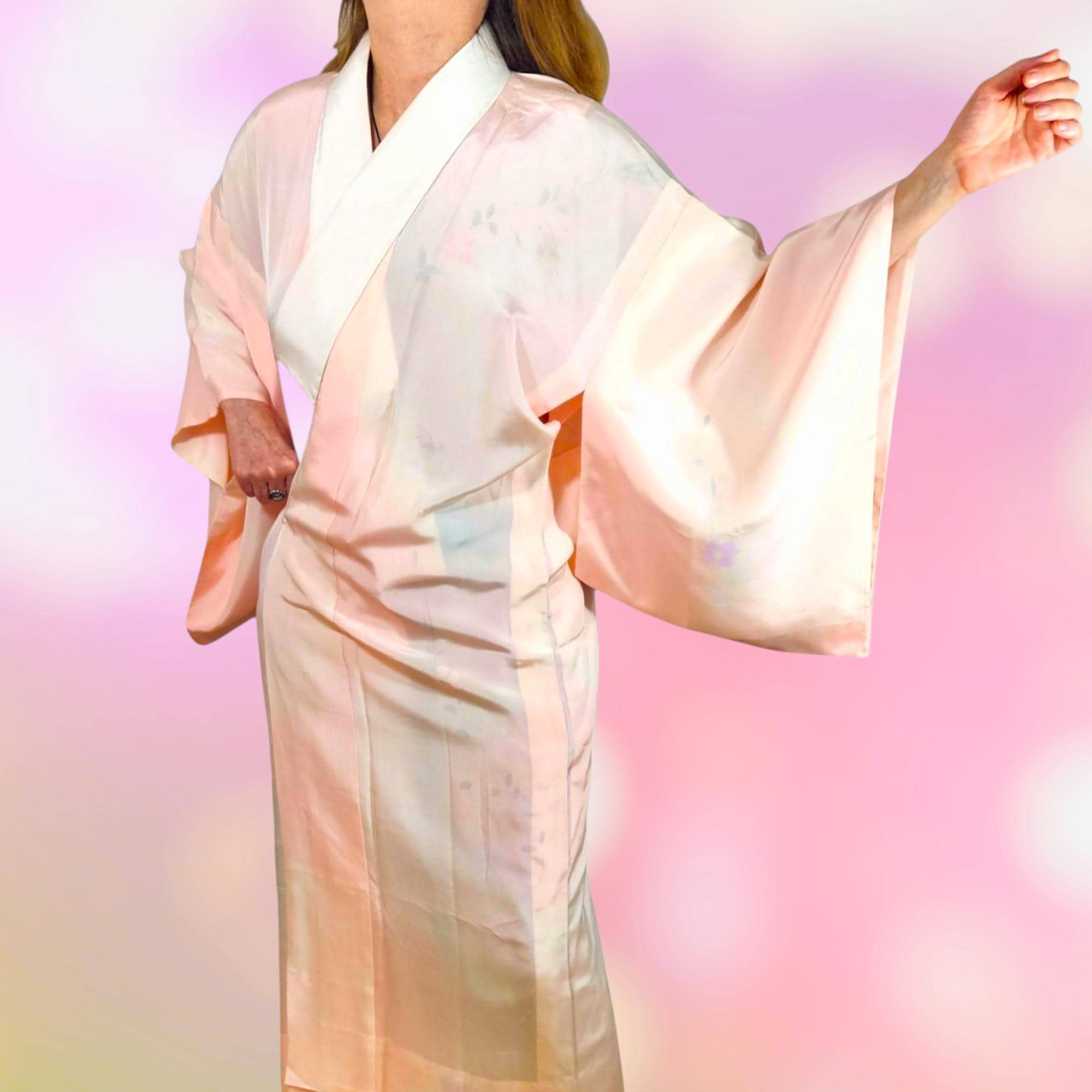 Peach Pink Floral Silk Juban Kimono, White Han Eri Collar w/ Eri Shin, Japanese Kitsuke Nagajuban Kimono Robe, Bridal Dressing Gown, S-L