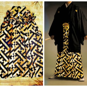 Mens Hakama, Japanese Samurai Hakama Pants, Gold Black Silk Ceremonial Umanori, Budo Samurai Cosplay,  Mens Kimono pants