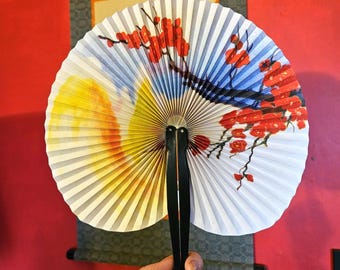 Asian Folding Fan Sakura Flower Tree, Pocket Paper Hand Fan w/ Red Pink Sakura Blossoms, Blue Sky Yellow Sunset, Heatwave Chinese Pocket Fan