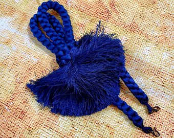 Haorihimo, Mens Haori Himo, Vintage Japanese Blue Silk Jacket Cord Ties w Tassels Pom Poms, Formal Dark Blue Haorihimo 藍 羽織紐 Samurai Costume