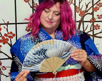 Bamboo Folding Fan with Japanese Hokusai Great Wave over Kanagawa, Hand Fan with Silk Tassel, Heatwave Fan, Japan Gift Idea, Fan Case Option