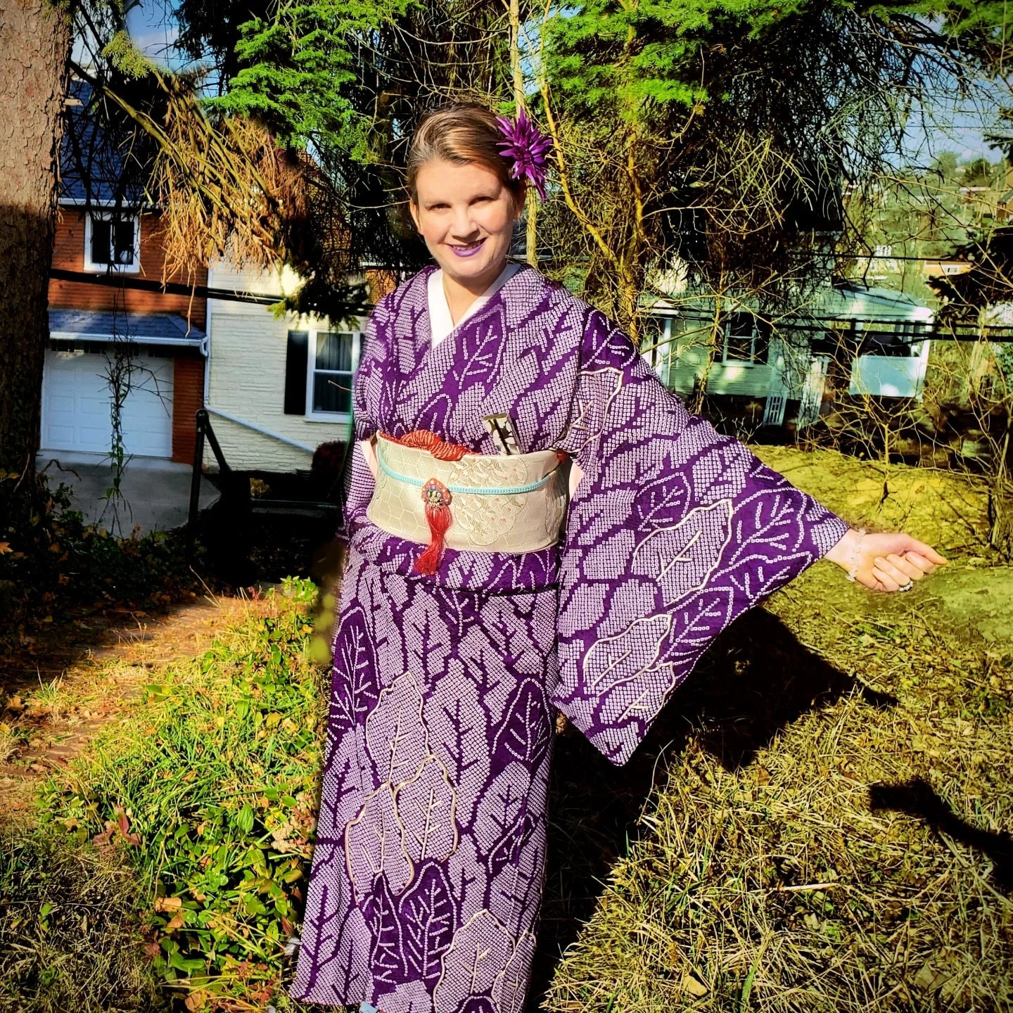 Rare purple kimono with traditional patterns
