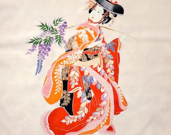 Ukiyo-e Furoshiki, Seltenes Vintage Japanisches Geschenkverpackungstuch, Bijin-Ga Schöne Frau, Fuji Musume Glyzinien Maiden, Japan Edo Art Decor