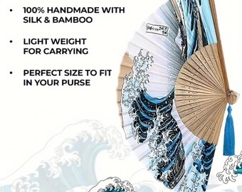 Japanese Folding Fan, Silk Hand Fan, Hokusai Wave Over Kanagawa