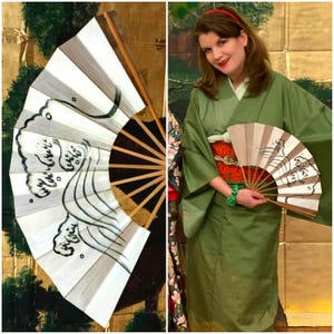 Japanese Handpainted Folding Fan, Silver w/ Blue Green Ocean Waves, Vintage Mai Ogi Sensu, Nihon Buyo Hand Fan, Japan Gift, Kimono Accessory
